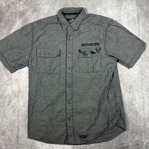Harley-Davidson Mens Large Gray Cotton Linen Short Sleeve Button Down Shirt Logo